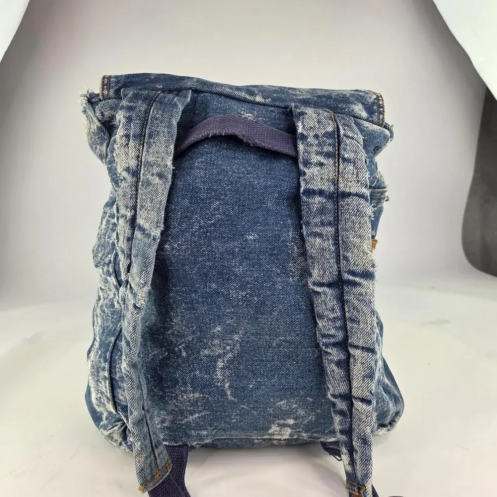 Vintage Class Act 90s Blue Stone Washed Thick Denim Zip Niche Design Backpacks - Picture 3 of 13